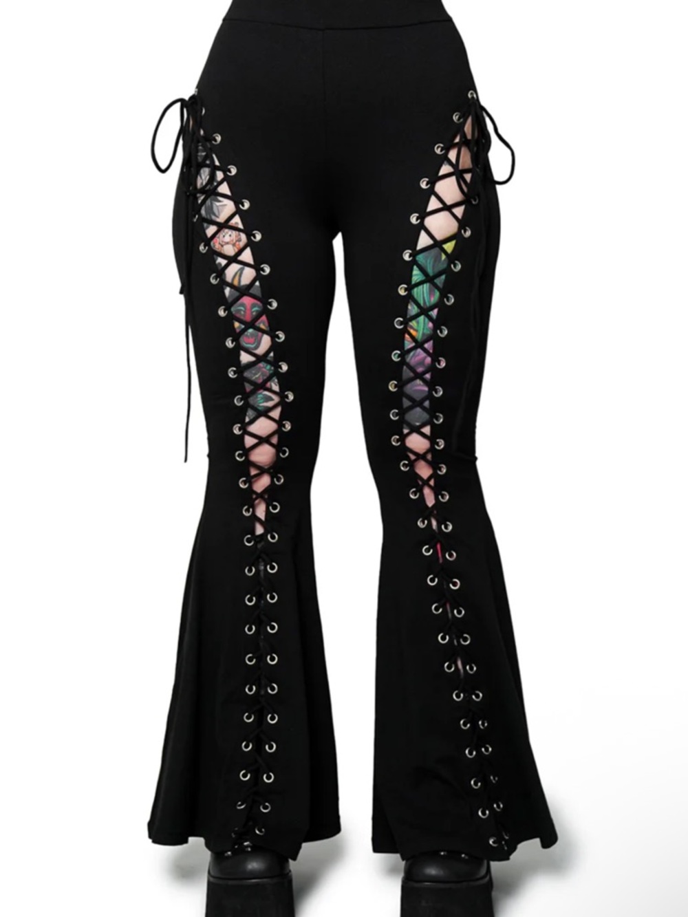 Black Lace-Up Flared Pants with Side Grommet Detail